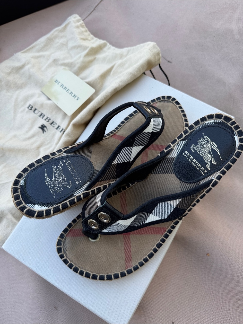 Burberry Black and Beige Check Thong Espadrille Sandals